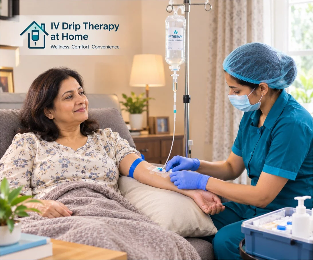 IV Drip Therapy at Home in South Delhi Nurse administering physician-guided IV drip therapy to a patient at home in South Delhi