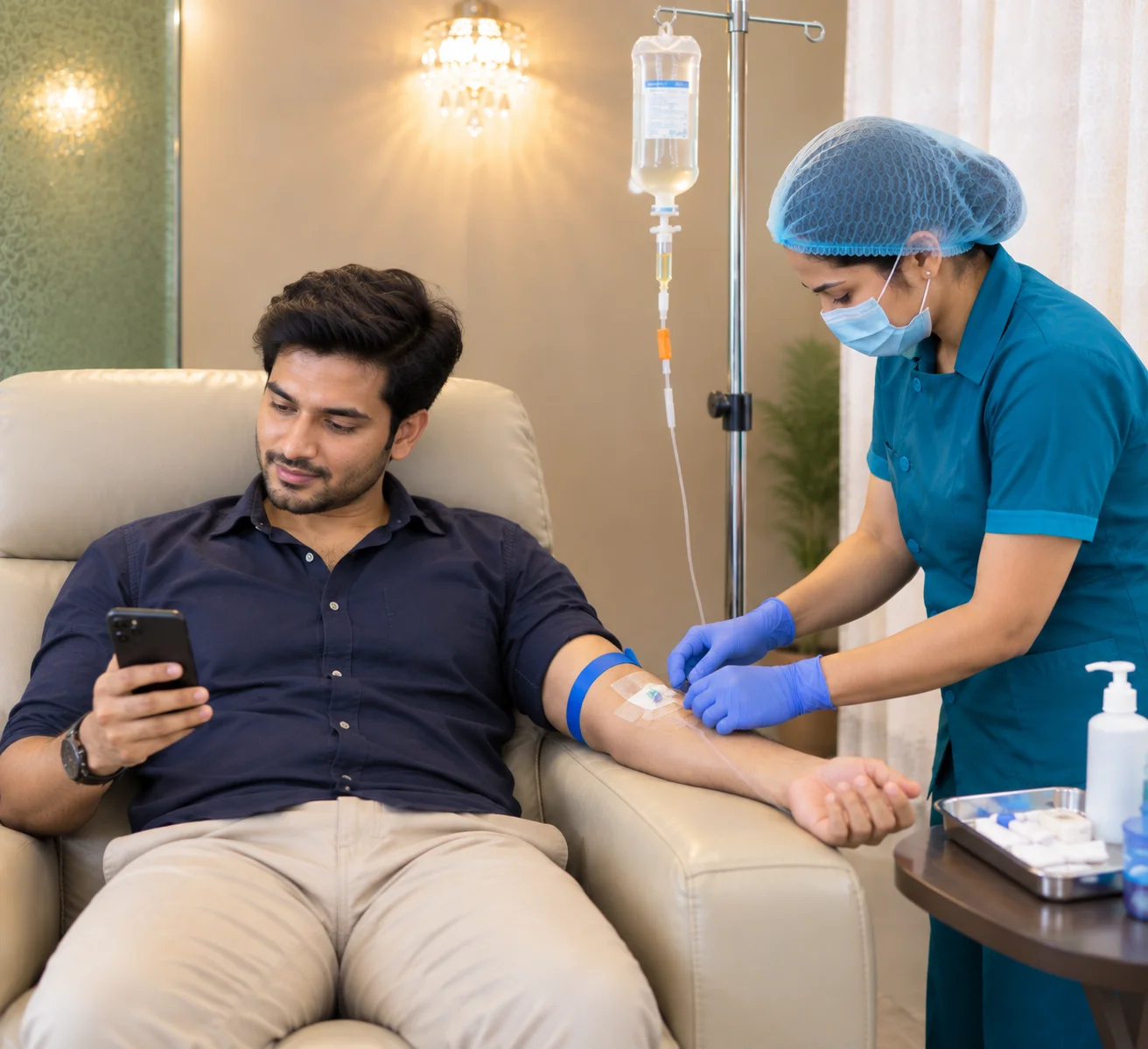 IV Drip Therapy Clinic in Delhi Patient receiving physician-supervised IV drip therapy at Eigen's clinic in Delhi