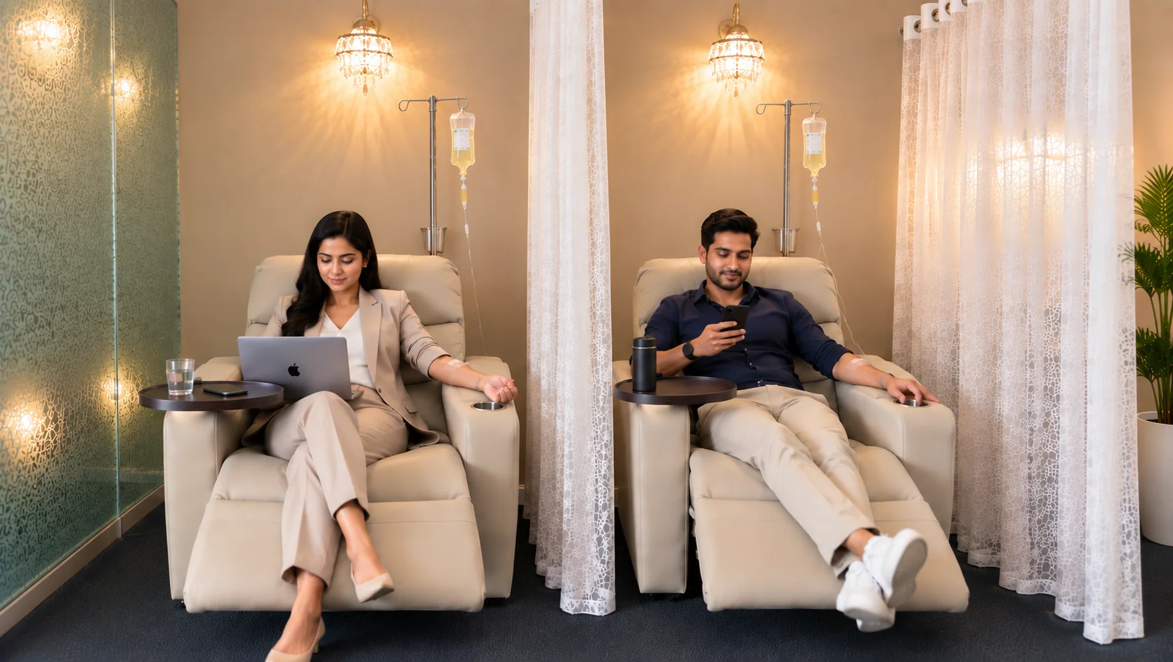 IV Drip Therapy Clinic in Delhi Two patients relaxing in premium recliner suites during IV drip therapy at Eigen's clinic in Delhi